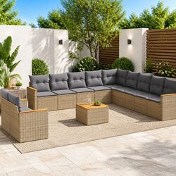 12 Piece Outdoor Garden Sofa Set Beige Poly Rattan Patio Furniture with Cushions