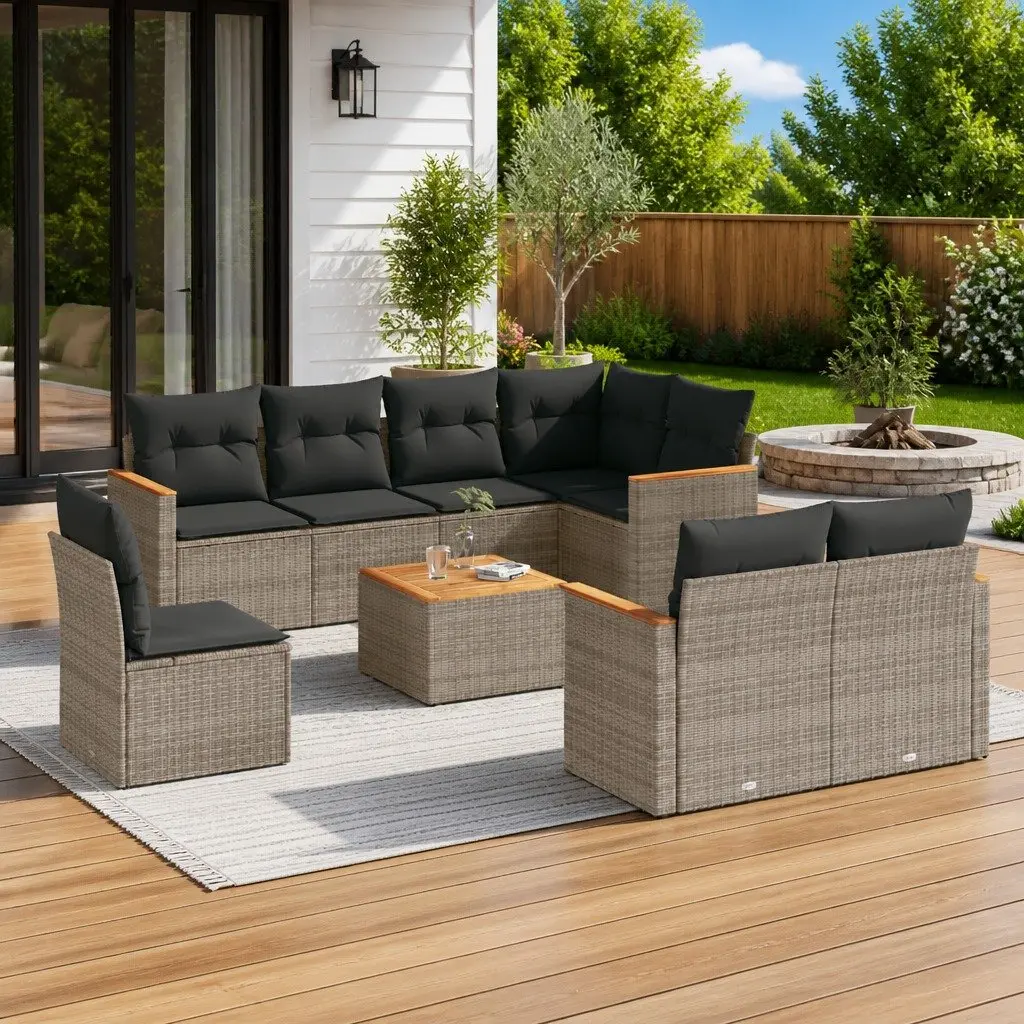 Garden Sofa Set Grey 9 Piece Outdoor Furniture Patio Poly Rattan with Cushions