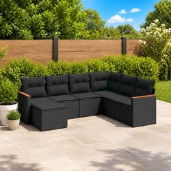 Concise 7 Piece Black Garden Sofa Set with Cushions