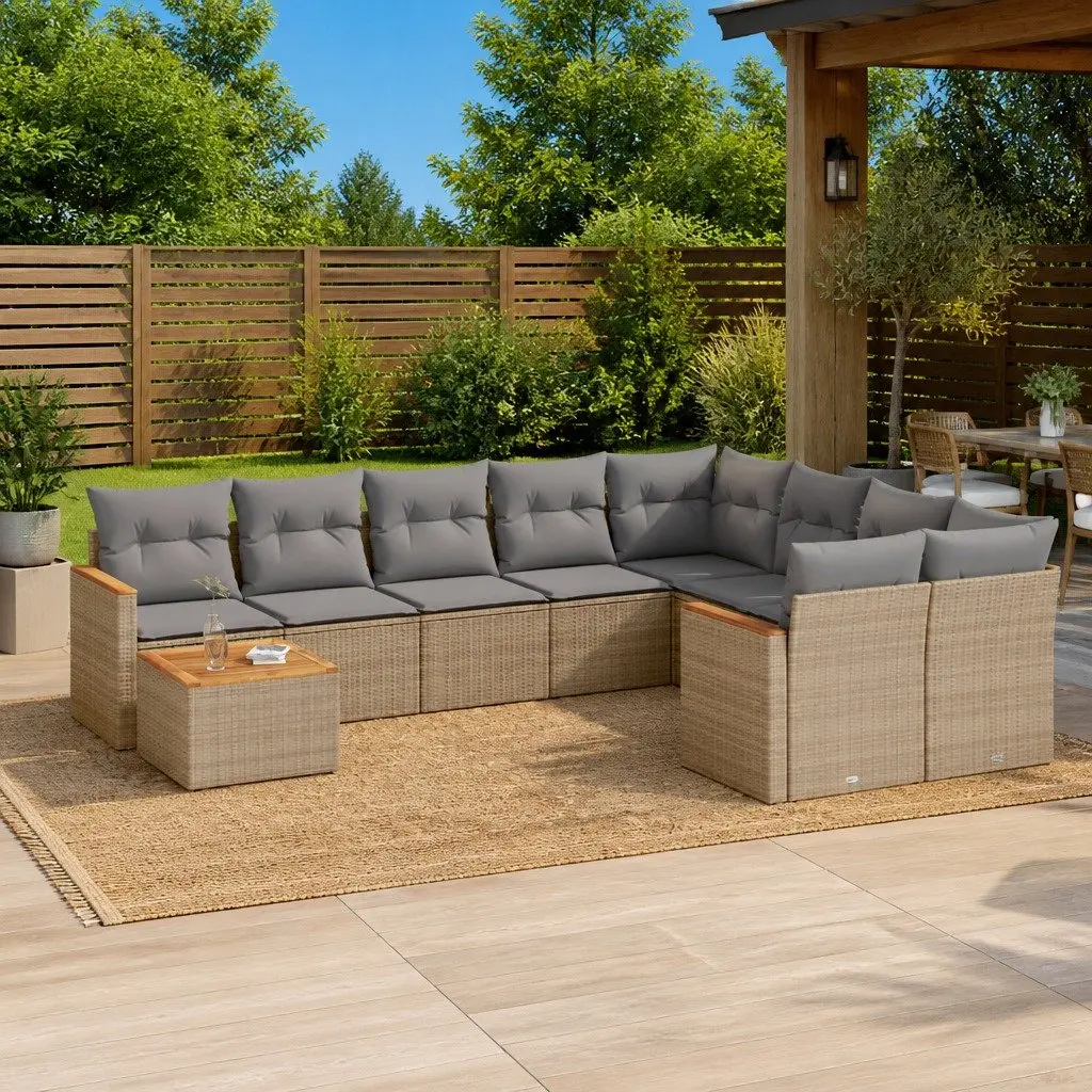Garden Sofa Set 10 Piece Outdoor Furniture Beige Poly Rattan Patio Lounge with