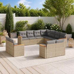 Garden Sofa Set 11 Piece Outdoor Furniture Beige Poly Rattan with Cushions