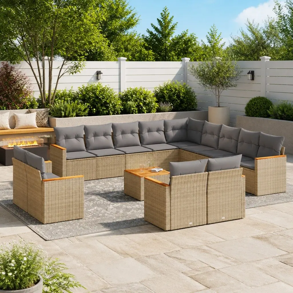 Garden Sofa Set Beige 14 Piece Modular Outdoor Furniture with Storage Function and Removable Washable Cushion Covers