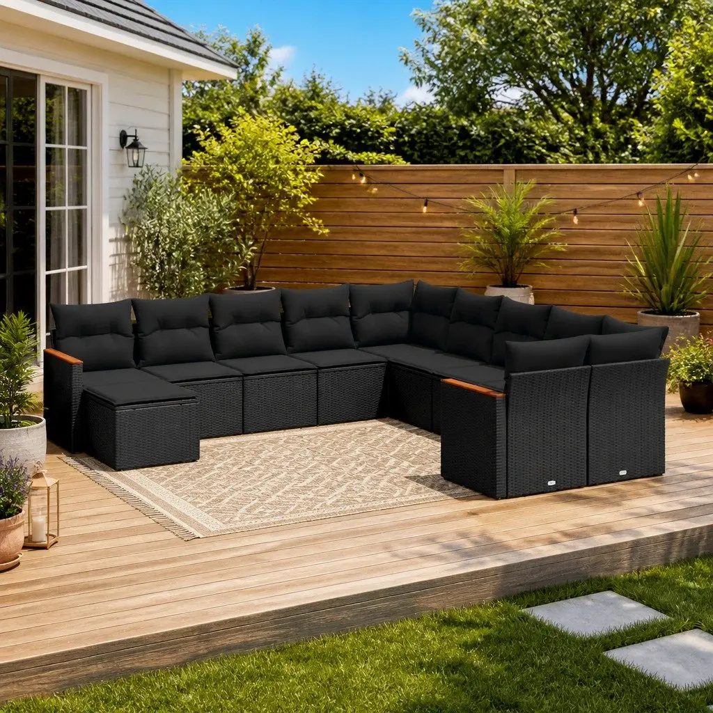 Garden Sofa Set Black 11 Piece Outdoor Furniture Patio Sectional with Cushions