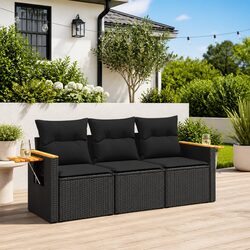Garden Sofa Set 3 Piece Outdoor Furniture Black Poly Rattan with Cushions