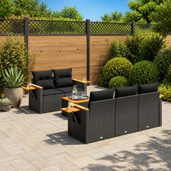 Garden Sofa Set 6 Piece Outdoor Furniture Black Poly Rattan with Storage and