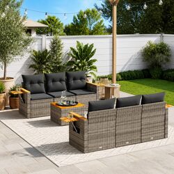 Garden Sofa Set 7 Piece Outdoor Furniture Patio Grey Poly Rattan with Cushions