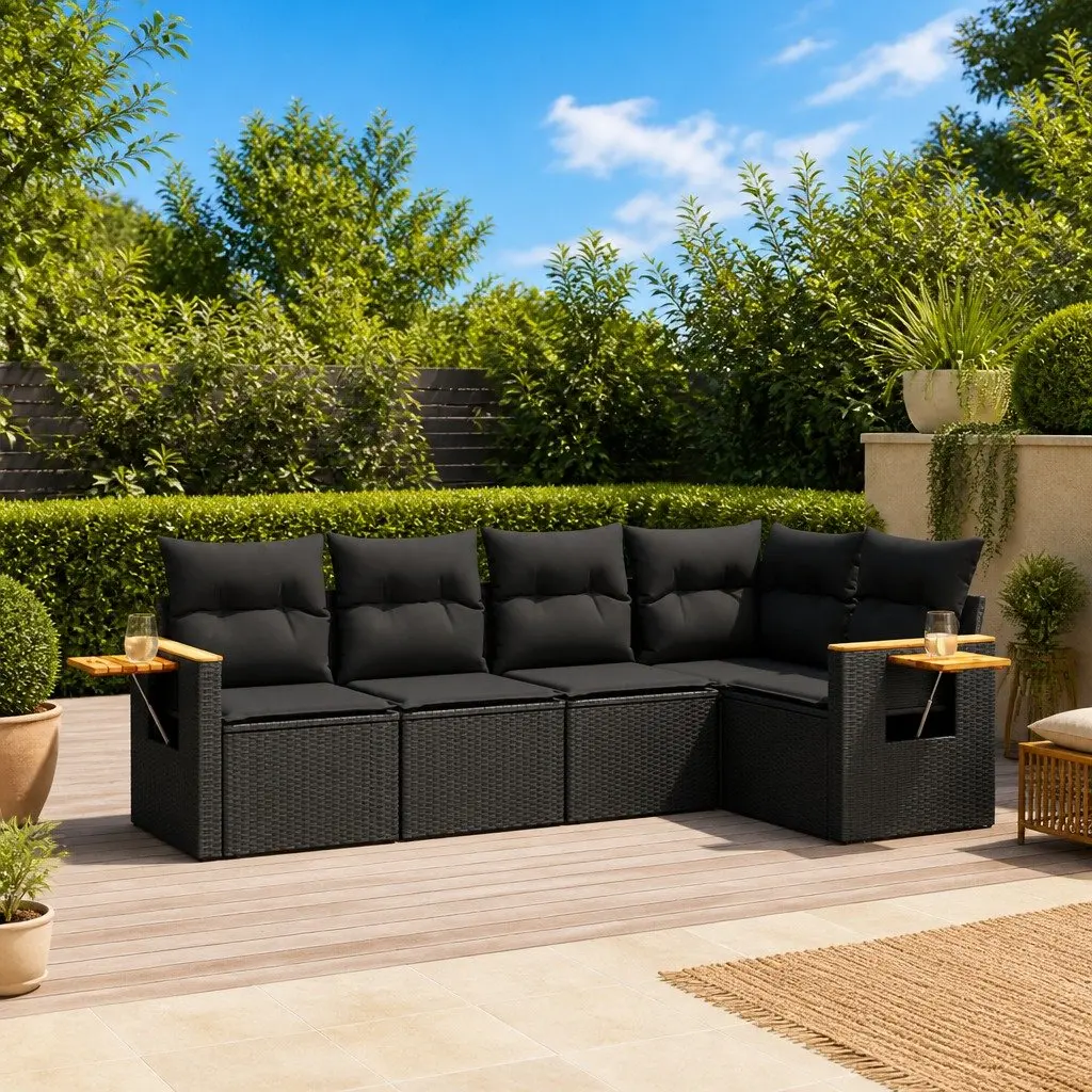 Garden Sofa Set Black 5 Piece Outdoor Furniture with Cushions Storage