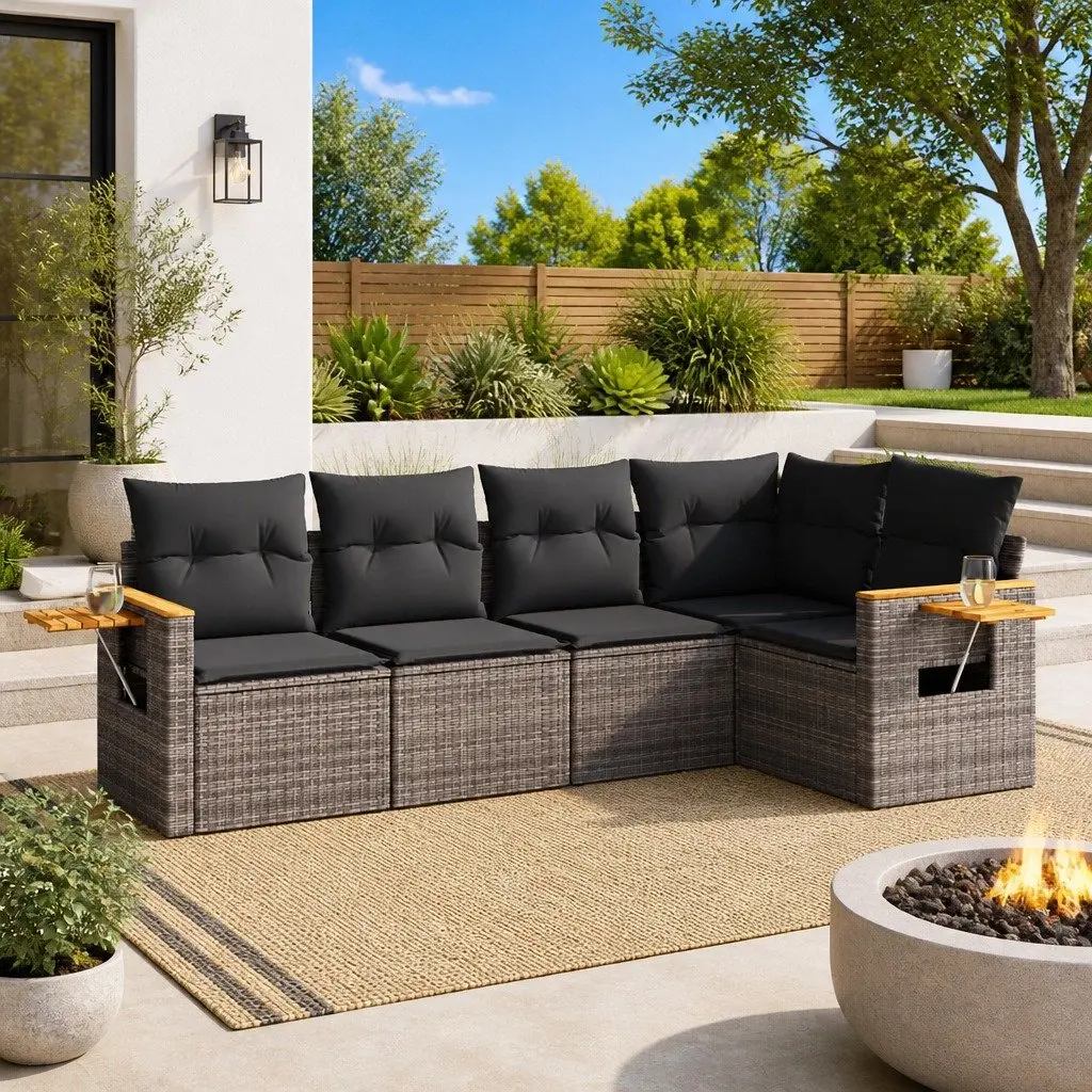 Garden Sofa Set 5 Piece Outdoor Furniture PE Rattan Grey with Storage Cushions
