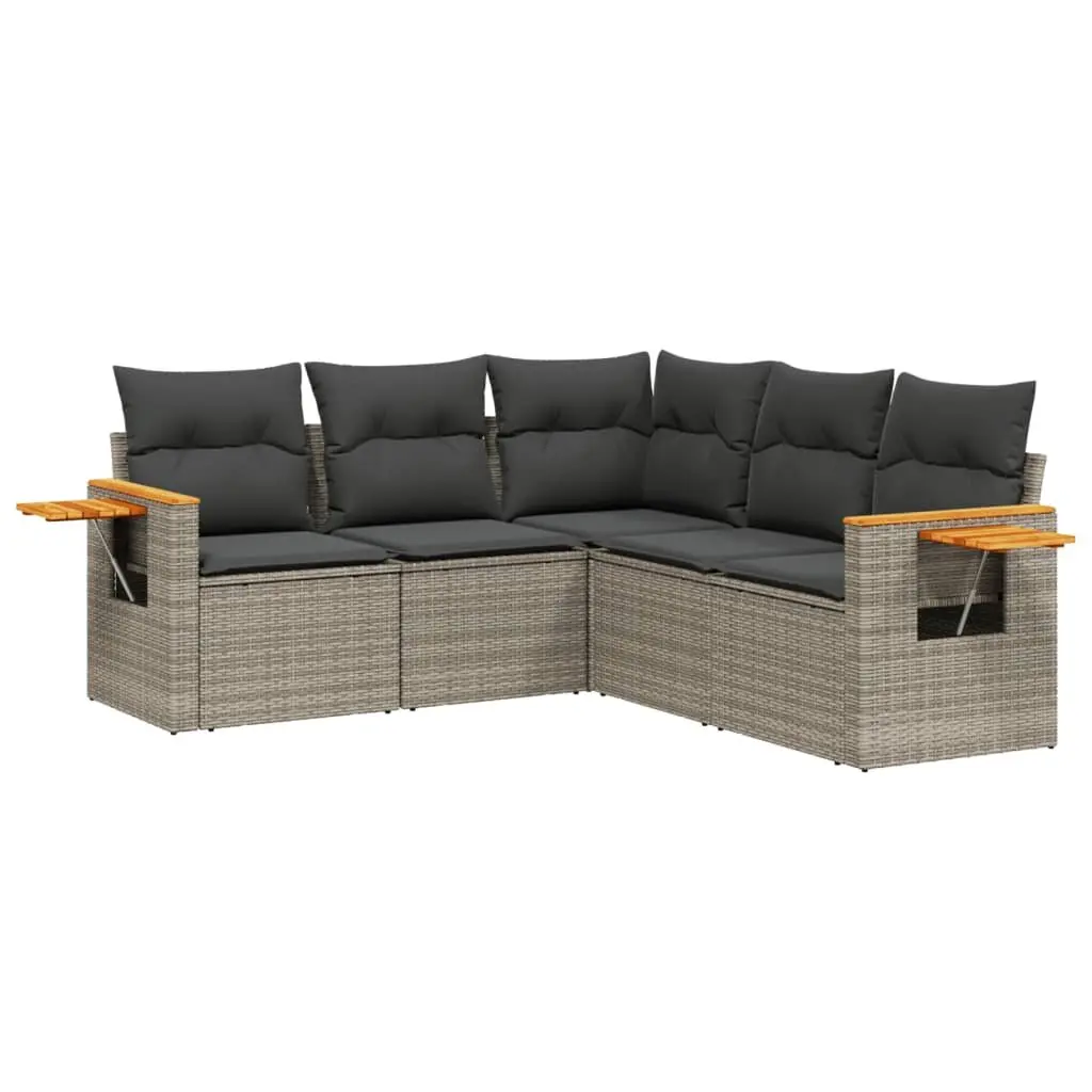 Garden Sofa Set Grey 5 Piece Outdoor Furniture Poly Rattan Patio Seating with Storage Function and Foldable Side Table