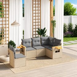 5 Piece Garden Sofa Set Beige Poly Rattan Outdoor Furniture Patio Seating with