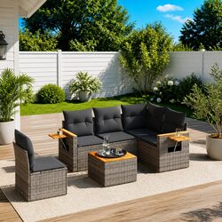 Garden Sofa Set 6 Piece Outdoor Furniture Grey Poly Rattan Modular Patio Seating