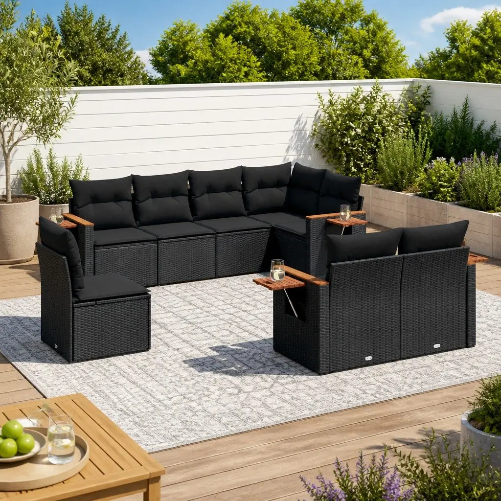 Garden Sofa Set 8 Piece Outdoor Furniture Black Poly Rattan Patio Sectional
