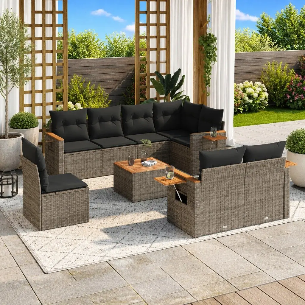 Garden Sofa Set 9 Piece Outdoor Furniture Grey Poly Rattan Patio Seating with