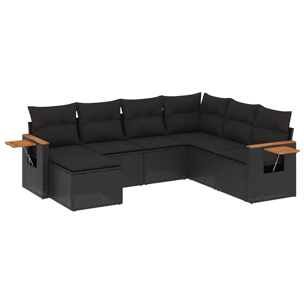 7 Piece Garden Sofa Set with Cushions Black Poly Rattan Outdoor Patio Furniture