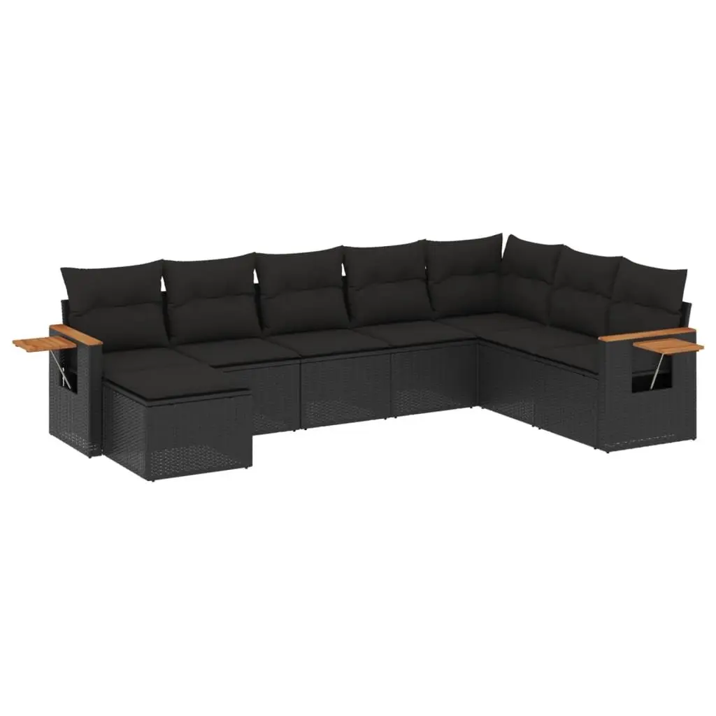 Garden Sofa Set Black 8 Piece Modular Outdoor Furniture with Cushions and Foldable Side Table