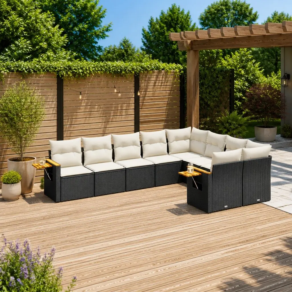 9 Piece Garden Sofa Set Outdoor Patio Furniture Black PE Rattan with Cushions