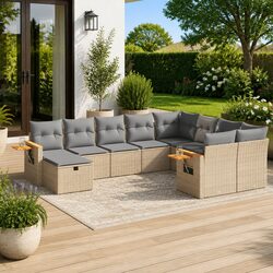 Garden Sofa Set 10 Piece Outdoor Furniture Beige Poly Rattan with Cushions