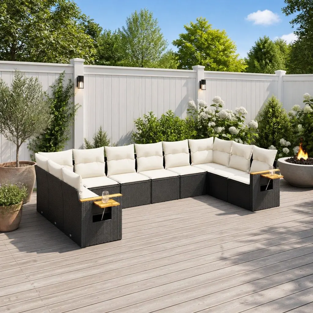 Garden Sofa Set Black 10 Piece Modular Outdoor Furniture with Removable Cushions and Foldable Side Table