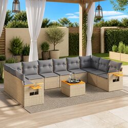 Garden Sofa Set 11 Piece Outdoor Furniture Beige Poly Rattan Modular Patio