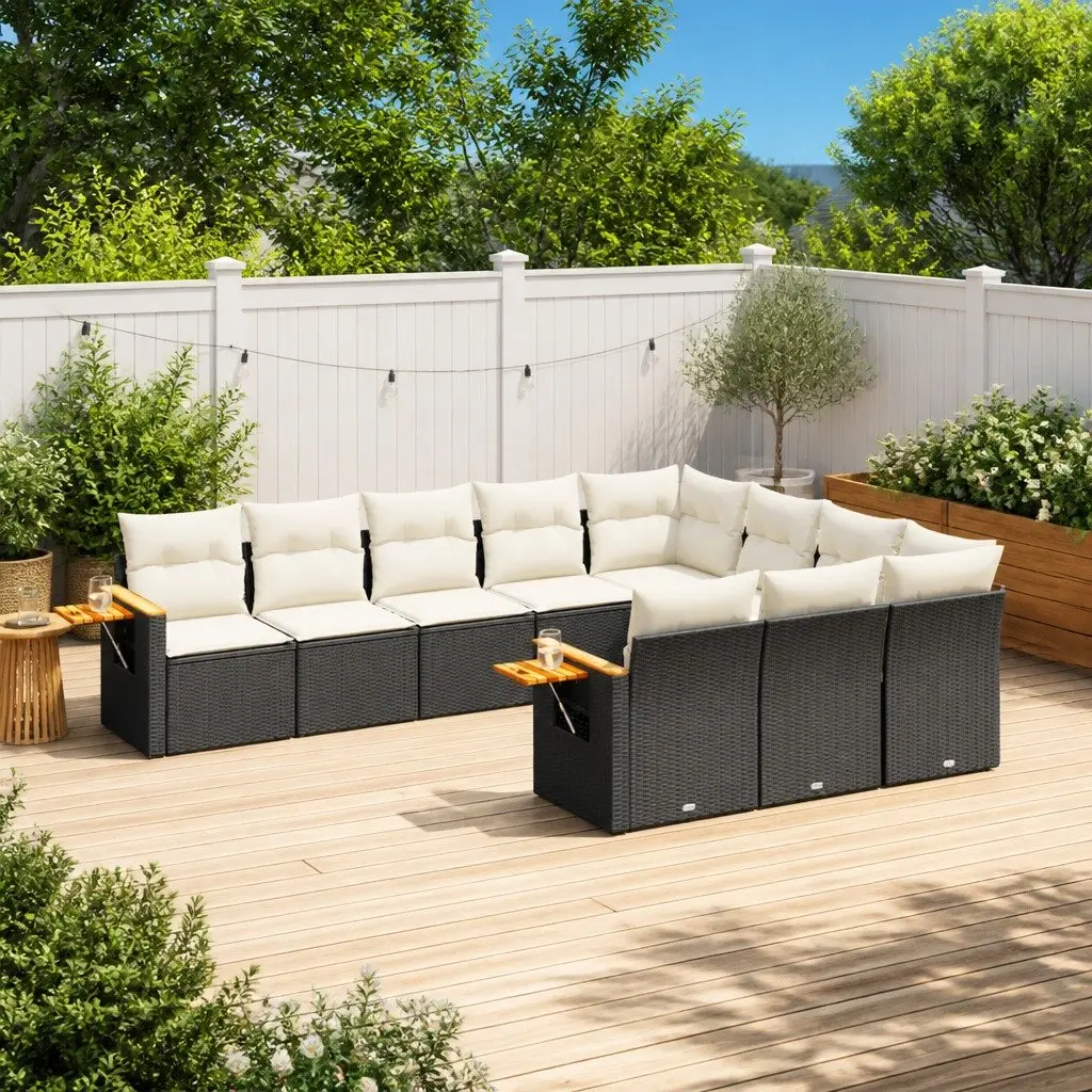 Garden Sofa Set 10 Piece Outdoor Furniture Black Poly Rattan with Cushions