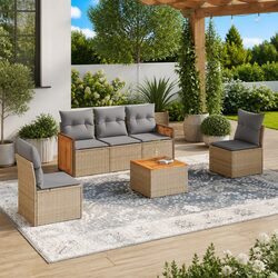 Garden Sofa Set 6 Piece Outdoor Furniture Beige Poly Rattan Patio Sectional