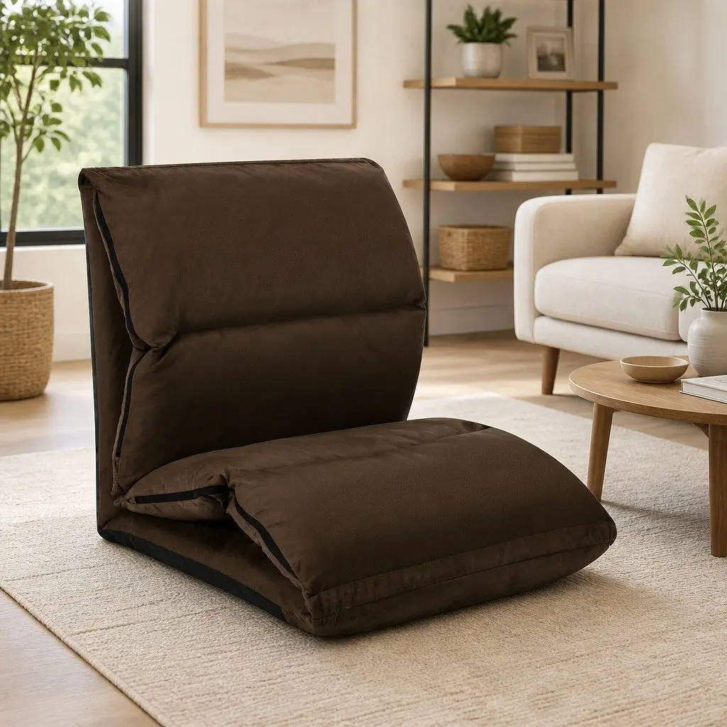 Folding Floor Chair Brown Adjustable Compact Indoor Outdoor Lounger