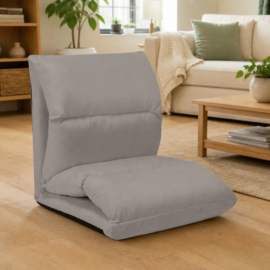 Folding Floor Chair Lounger Grey Adjustable Microfibre Relaxation Seat