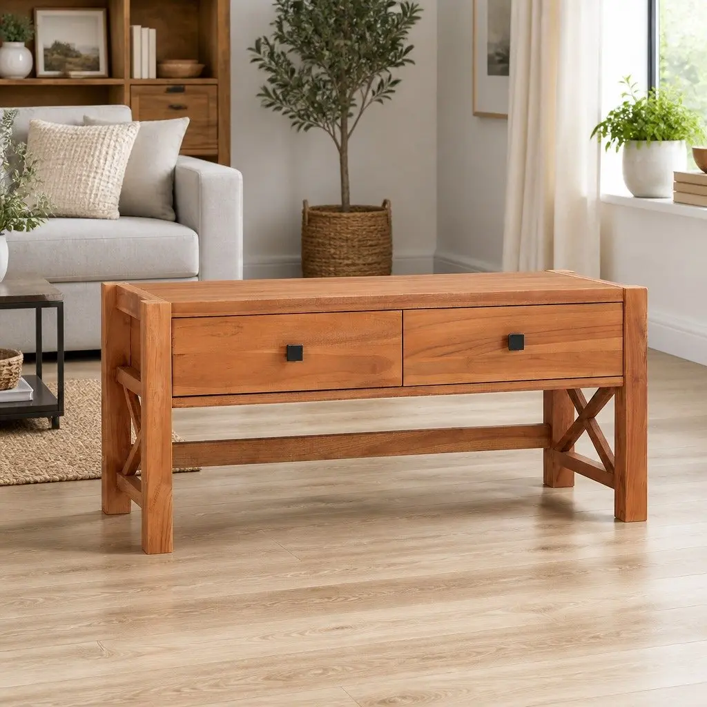 TV Cabinet Brown 100x40x45 cm Teak Wood Storage Unit with 2 Drawers