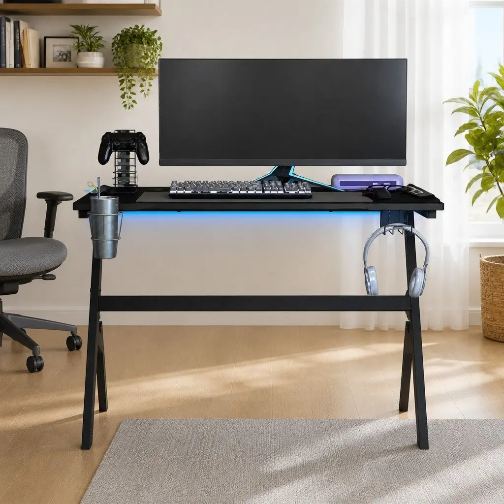 Gaming Desk Black 110 x 60 x 75 cm LED RGB Y Shape Computer Workstation with Earphone Rack Controller Rack and Cup Holder