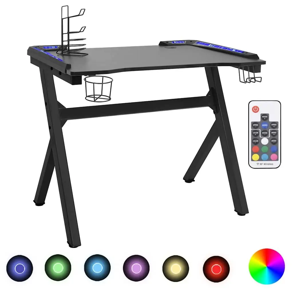 Gaming Desk Black 110 x 60 x 75 cm LED RGB Y Shape Computer Workstation with Earphone Rack Controller Rack and Cup Holder