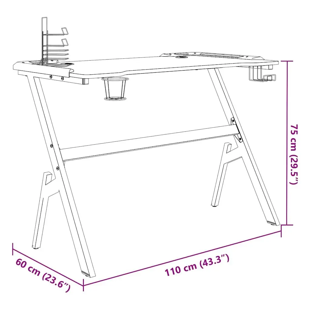 Gaming Desk Black 110 x 60 x 75 cm LED RGB Y Shape Computer Workstation with Earphone Rack Controller Rack and Cup Holder