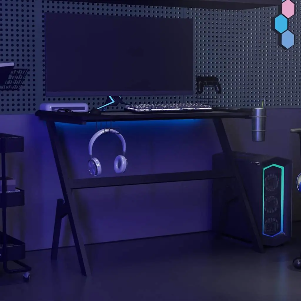 Gaming Desk Black 110 x 60 x 75 cm LED RGB Y Shape Computer Workstation with Earphone Rack Controller Rack and Cup Holder