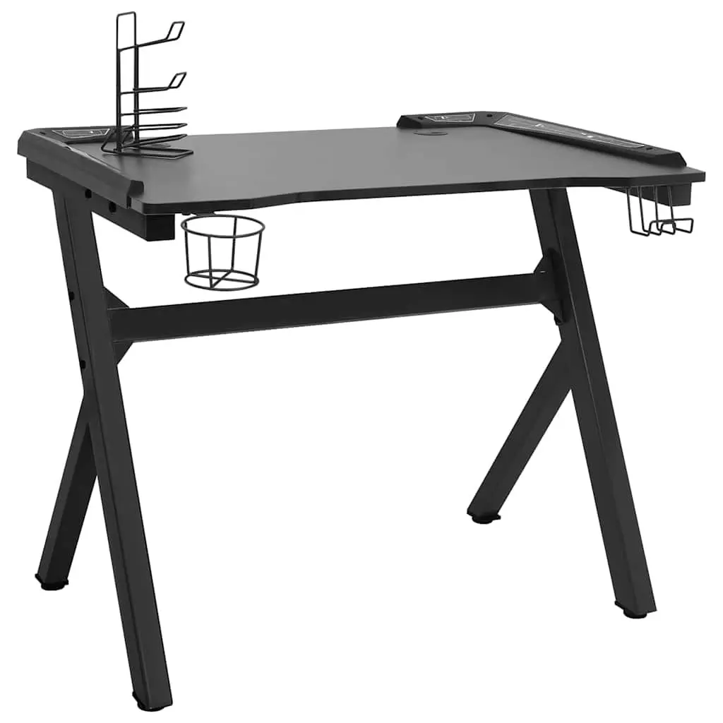 Gaming Desk Black 110 x 60 x 75 cm LED RGB Y Shape Computer Workstation with Earphone Rack Controller Rack and Cup Holder