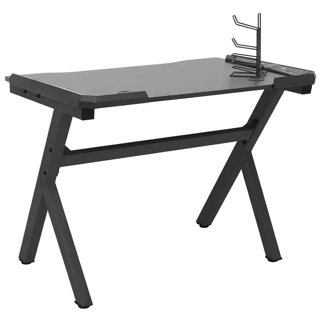 Gaming Desk Black 110 x 60 x 75 cm LED RGB Y Shape Computer Workstation with Earphone Rack Controller Rack and Cup Holder