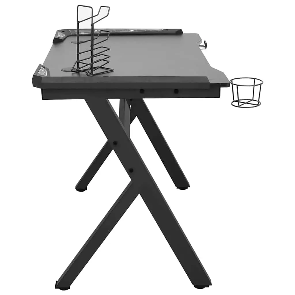 Gaming Desk Black 110 x 60 x 75 cm LED RGB Y Shape Computer Workstation with Earphone Rack Controller Rack and Cup Holder