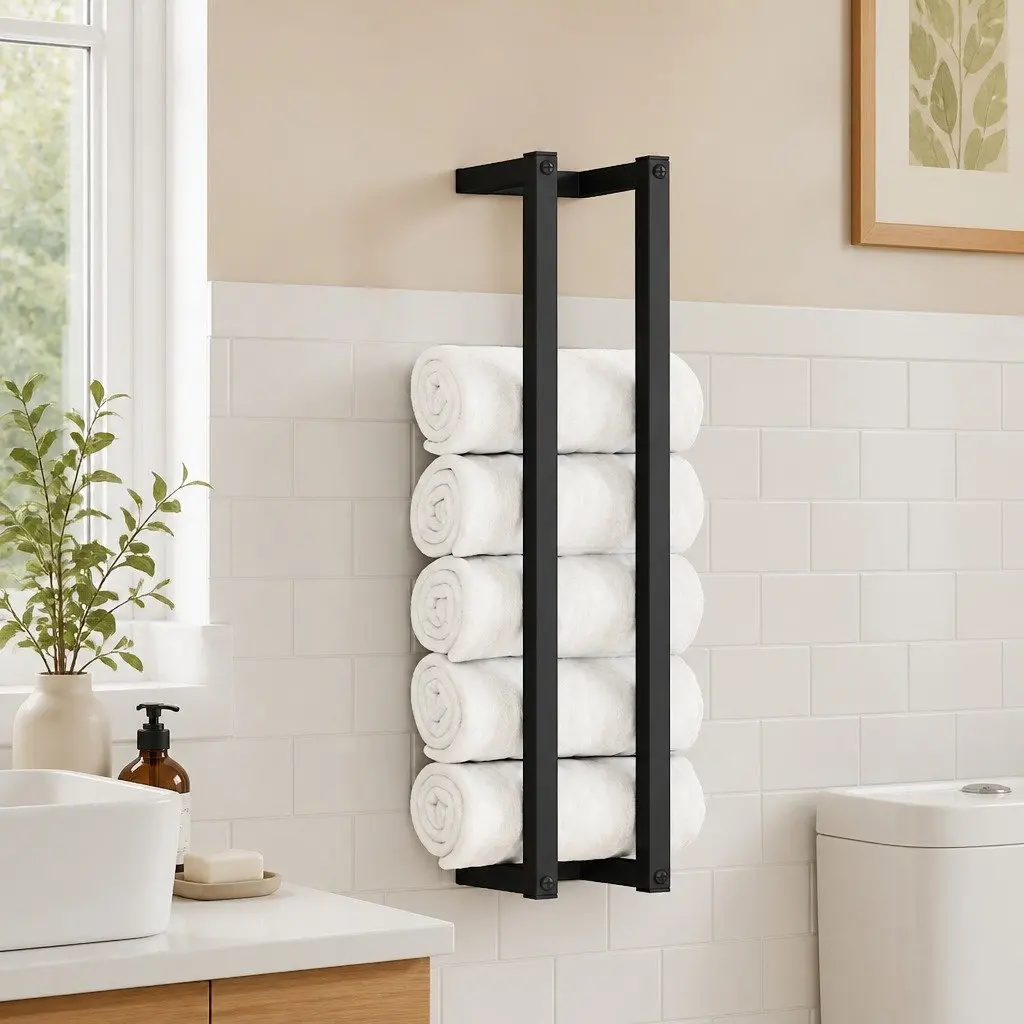 Towel Rack Black Wall Mount Iron Bathroom Organizer
