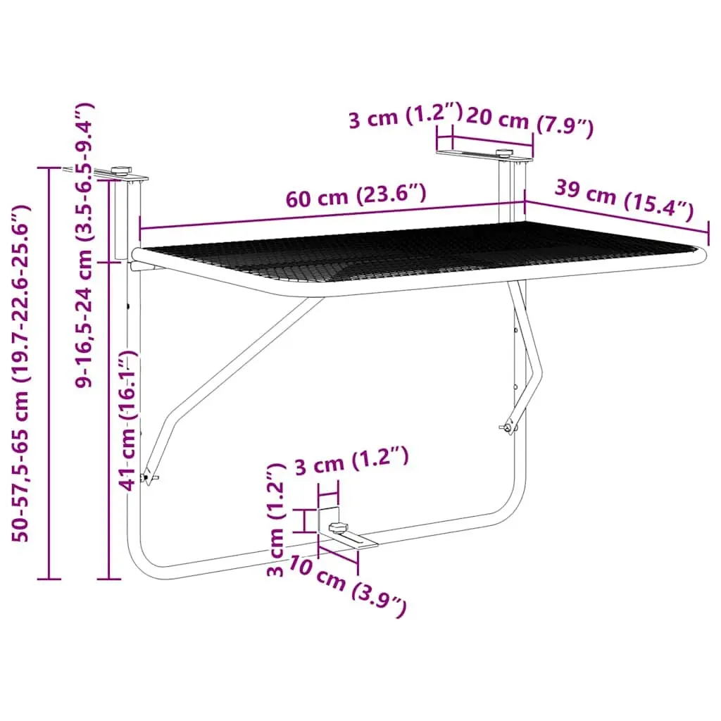 Foldable Balcony Table Black Steel Mesh 60x40cm Weather-Resistant