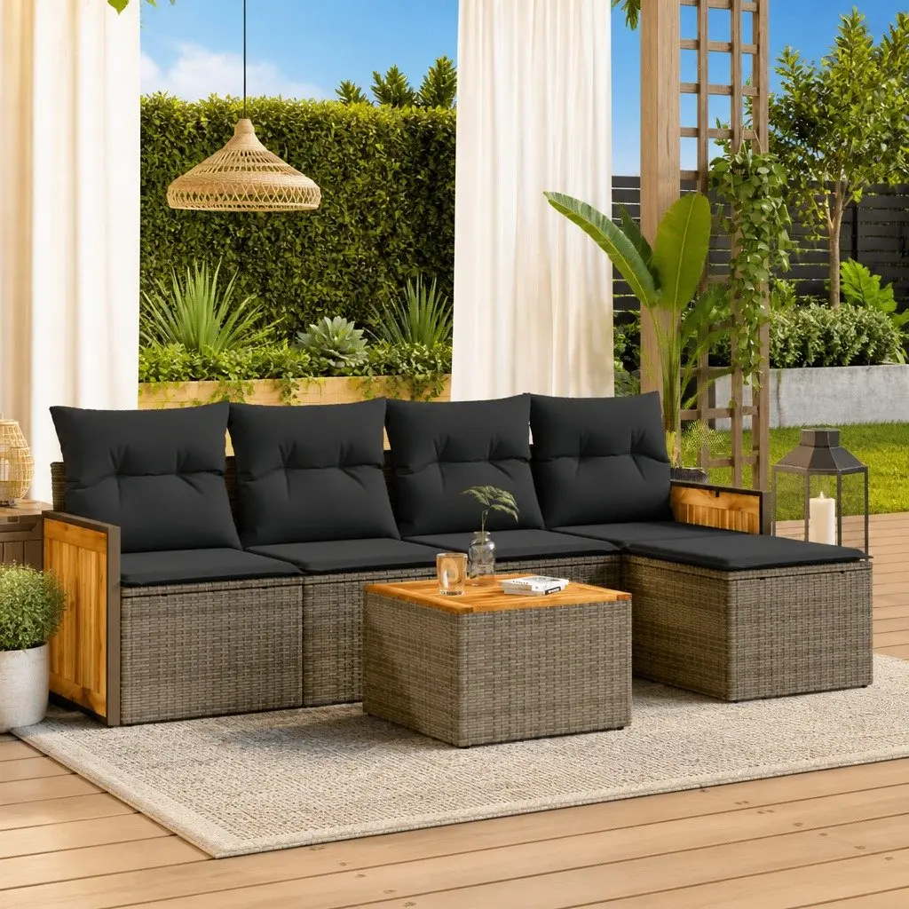 Garden Sofa Set Grey 6 Piece Modular Outdoor Furniture Poly Rattan with Acacia Wood Tabletop