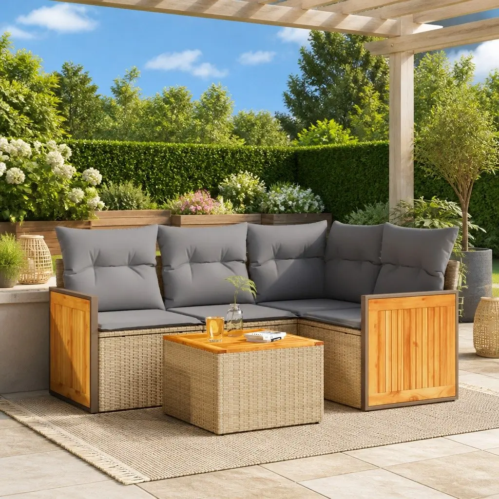 5 Piece Garden Sofa Set Outdoor Patio Furniture Poly Rattan Beige with Cushions