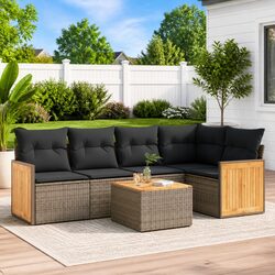 Garden Sofa Set 6 Piece Outdoor Furniture Grey Poly Rattan Patio Sectional with
