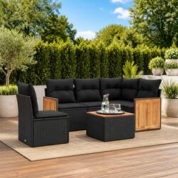 6 Piece Garden Sofa Set with Cushions Black Poly Rattan Outdoor Furniture