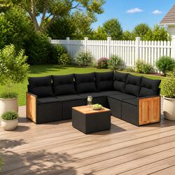 Outdoor Garden Sofa Set 7 Piece Black Poly Rattan Patio Furniture with Cushions