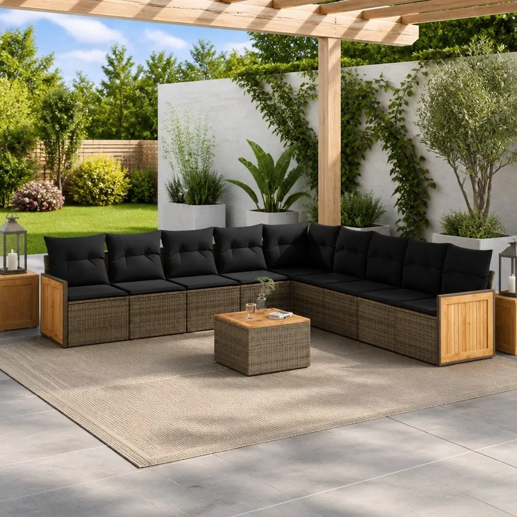 Garden Sofa Set Grey 10 Piece Modular Outdoor Furniture PE Rattan with Acacia Wood Table Top