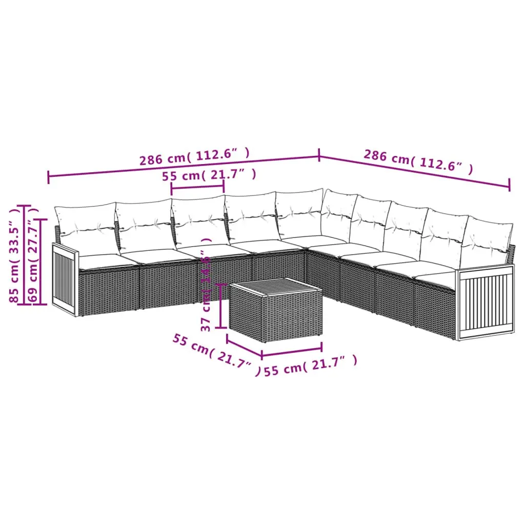 Garden Sofa Set Grey 10 Piece Modular Outdoor Furniture PE Rattan with Acacia Wood Table Top