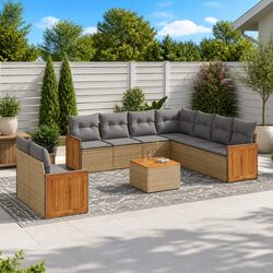 Garden Sofa Set 10 Piece Outdoor Furniture Beige Poly Rattan Patio Modular