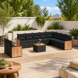 Garden Sofa Set 11 Piece Outdoor Furniture Patio Sectional Black Poly Rattan