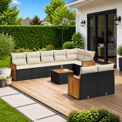 Garden Sofa Set 9 Piece Outdoor Furniture with Storage Cushions Black Rattan