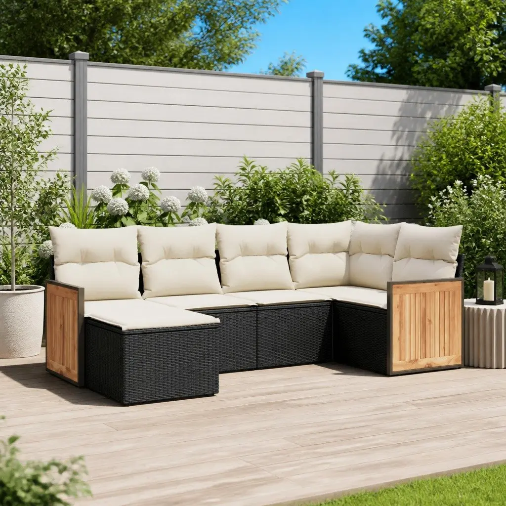 Garden Sofa Set Black 6 Piece Modular Outdoor Furniture PE Rattan with Storage Compartment Removable Cushion Covers