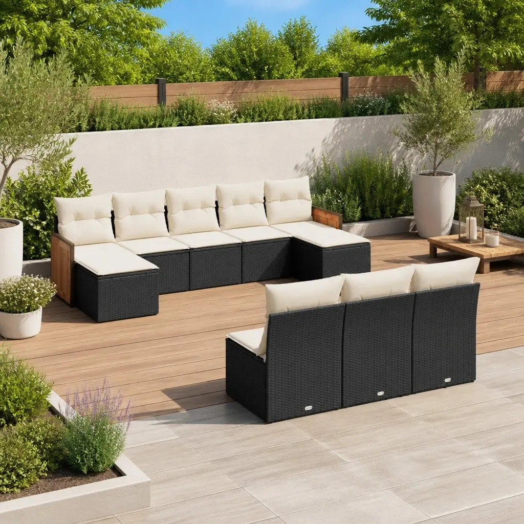 Garden Sofa Set 10 Piece Outdoor Furniture with Cushions Black Poly Rattan