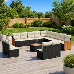 Garden Sofa Set 14 Piece Outdoor Furniture Black Poly Rattan Patio Seating